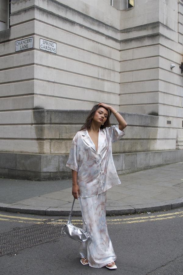 Glamorous Beige-Grey-Watercolour Bias-Cut-Maxi-Skirt