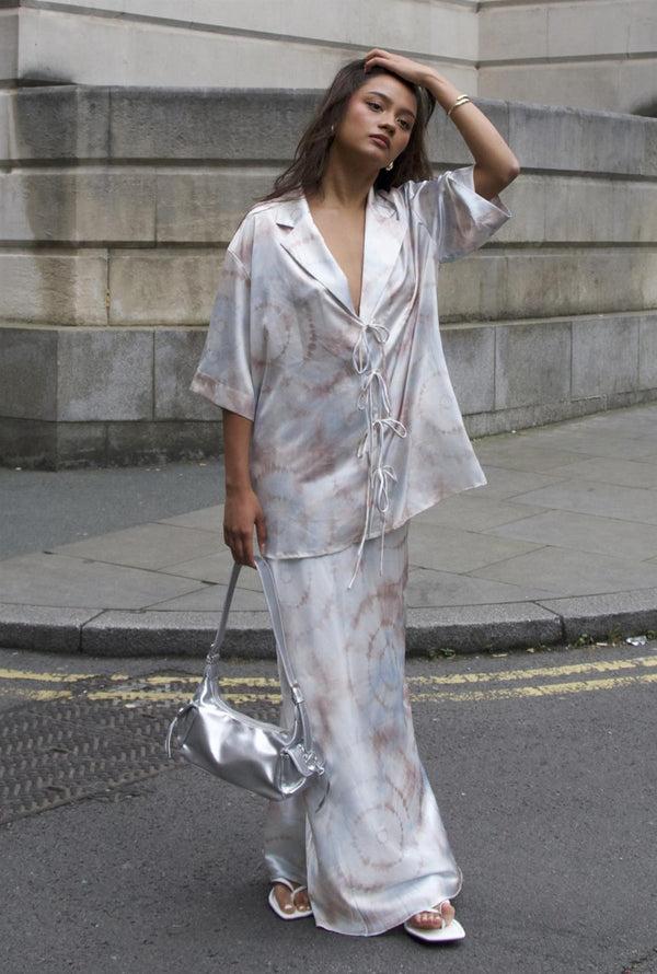 glamorous Beige-Grey-Watercolour Bias-Cut-Maxi-Skirt