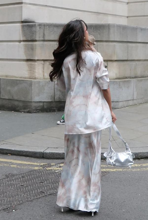 Glamorous Beige-Grey-Watercolour Short-Sleeves-Tie-Front- Blouse