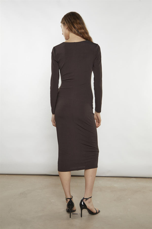 Glamorous Bitter-Chocolate Plunging-Cowl Midi-Dress