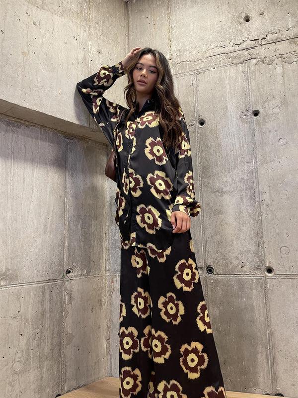 Glamorous Black Amber-Yellow Flower Oversized-Shirt