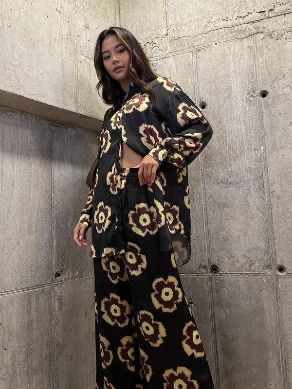 Glamorous Black Amber-Yellow Flower Oversized-Shirt