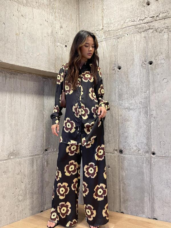 glamorous Black Amber-Yellow Flower Oversized-Shirt