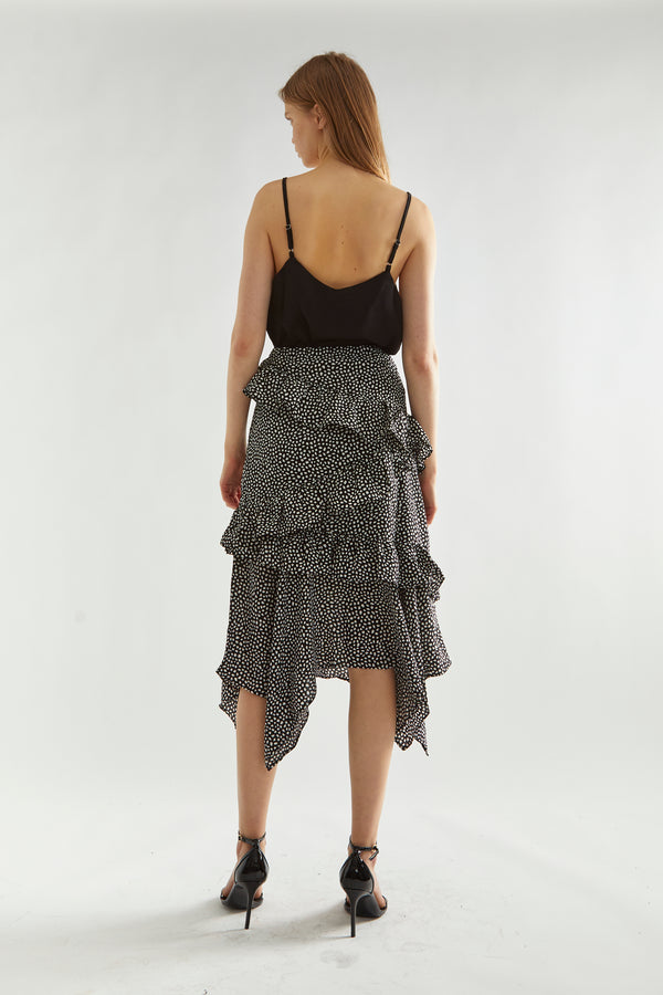 Glamorous Black-Animal Spot Asymmetric Ruffle Midi-Skirt