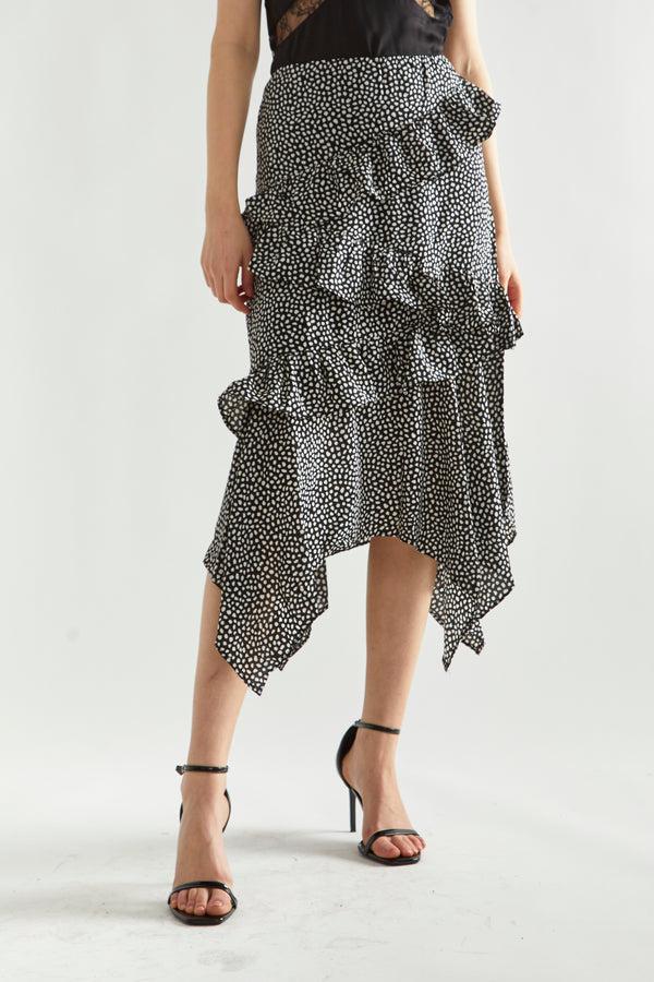 Glamorous Black-Animal Spot Asymmetric Ruffle Midi-Skirt