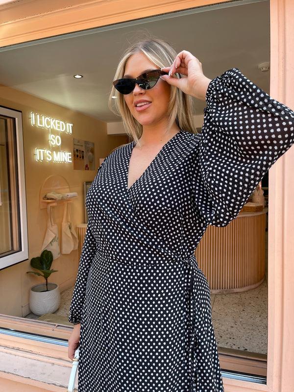 Glamorous Black-Blur Dot Long Sleeve Wrap Midi-dress