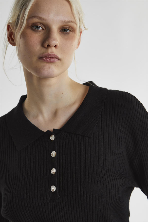 Glamorous Black Collared Button Up Long-Sleeve-Crop-Top