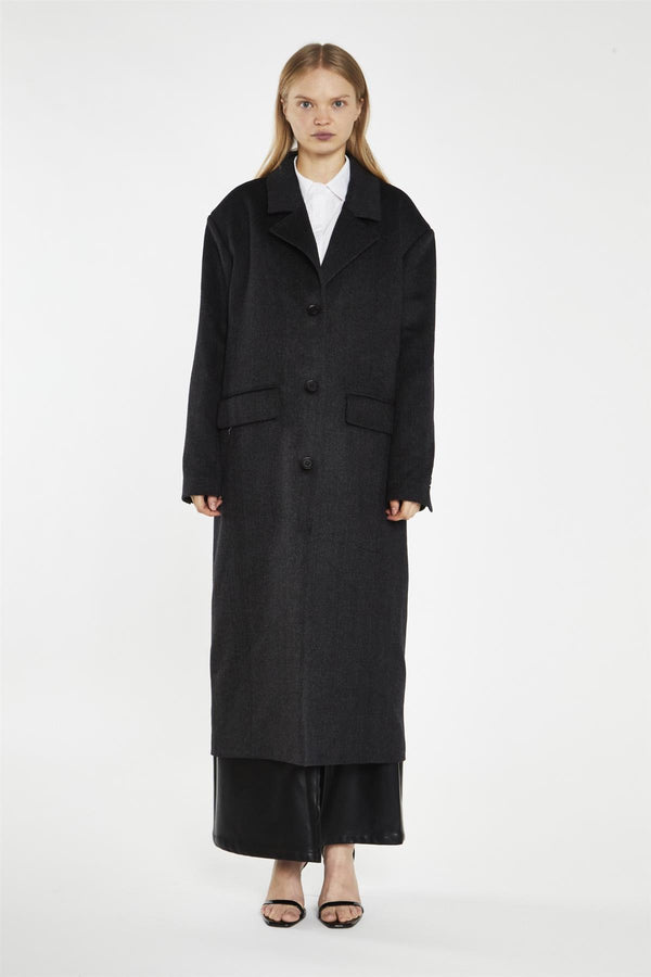 glamorous Black Herringbone Oversized Longline-Coat
