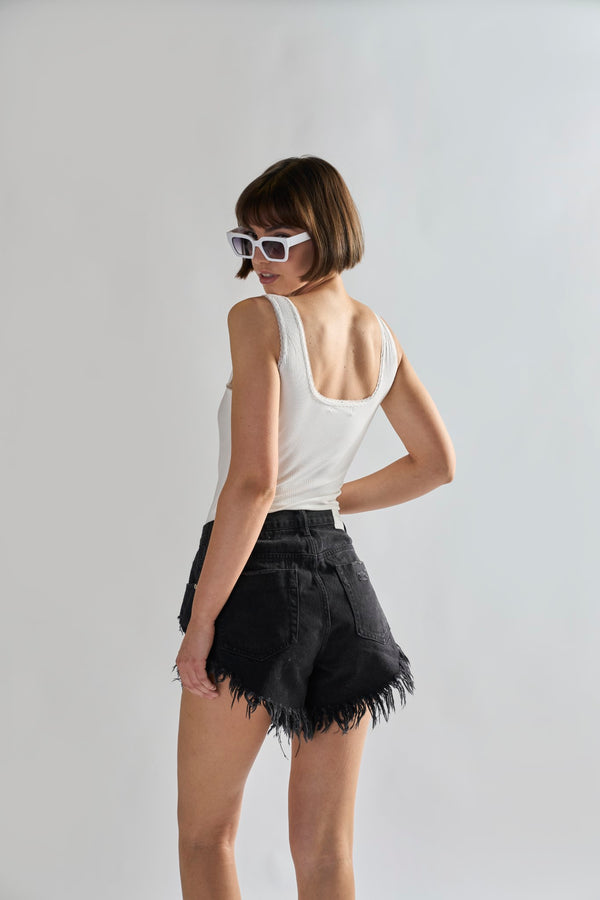 Glamorous Black High-Waisted Distressed Denim-Shorts