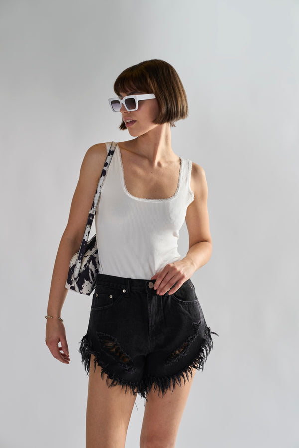 Glamorous Black High-Waisted Distressed Denim-Shorts