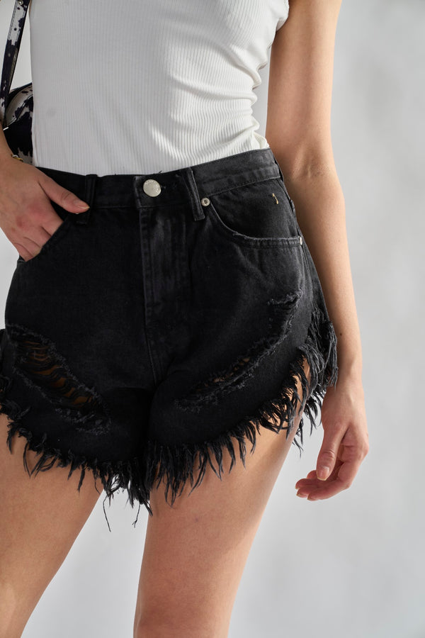 Glamorous Black High-Waisted Distressed Denim-Shorts