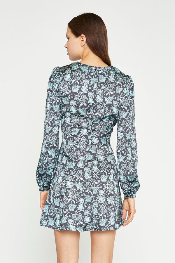 Glamorous Black-Mint Paisley Satin Long Sleeve Tea Mini-Dress