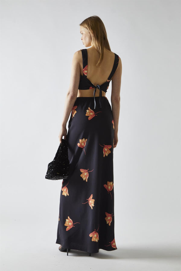 Glamorous Black-Orange Flower Hanky-Hem Tie-Back Crop-Top