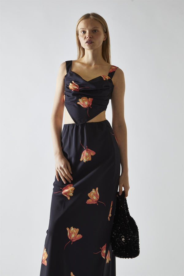 Glamorous Black-Orange Flower Hanky-Hem Tie-Back Crop-Top