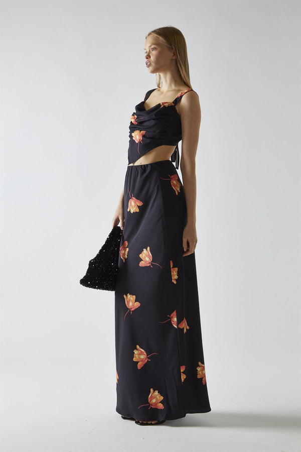 Glamorous Black-Orange Flower Hanky-Hem Tie-Back Crop-Top