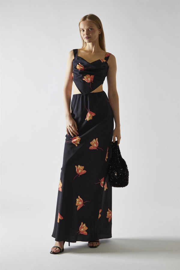 glamorous Black-Orange Flower Hanky-Hem Tie-Back Crop-Top