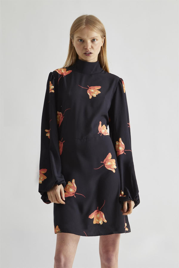 Glamorous Black-Orange Flowers High-Neck Mini-Dress