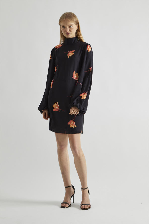 Glamorous Black-Orange Flowers High-Neck Mini-Dress