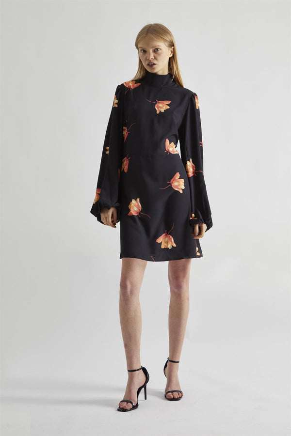 glamorous Black-Orange Flowers High-Neck Mini-Dress