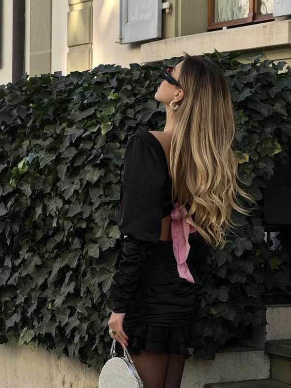 Glamorous Black-Pink Kaitlyn Co-ord Ruched Crop-Top