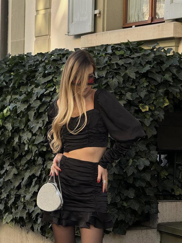 glamorous Black-Pink Kaitlyn Co-ord Ruched Crop-Top