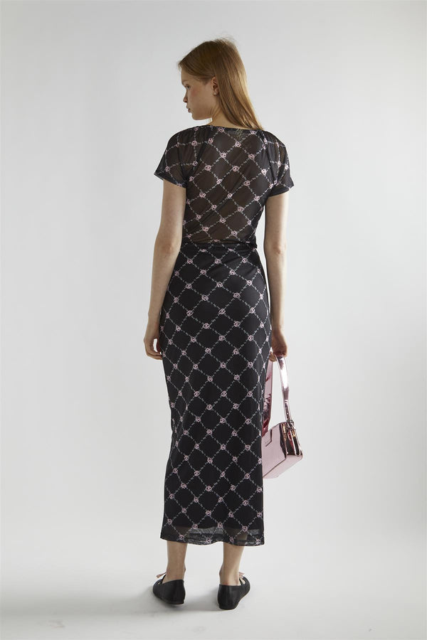 Glamorous Black Rose-Trellis Mesh Bodycon Maxi-Skirt