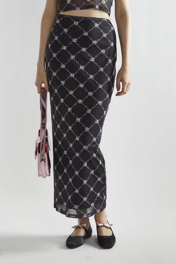 Glamorous Black Rose-Trellis Mesh Bodycon Maxi-Skirt