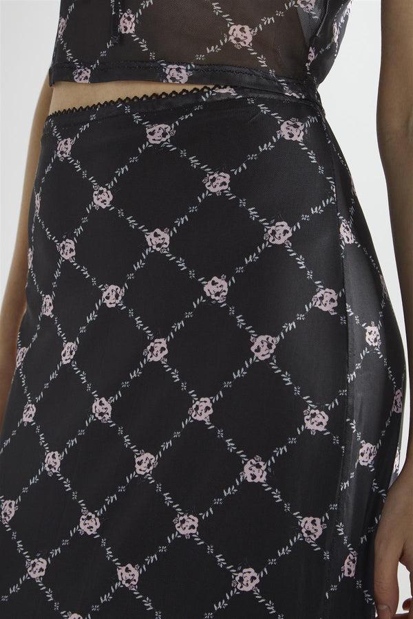 Glamorous Black Rose-Trellis Mesh Bodycon Maxi-Skirt