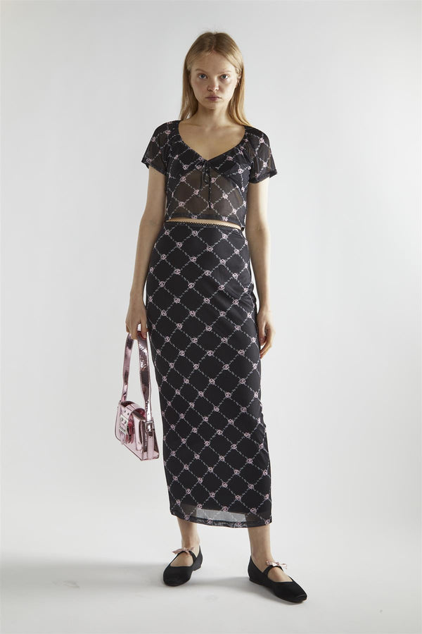 glamorous Black Rose-Trellis Mesh Bodycon Maxi-Skirt