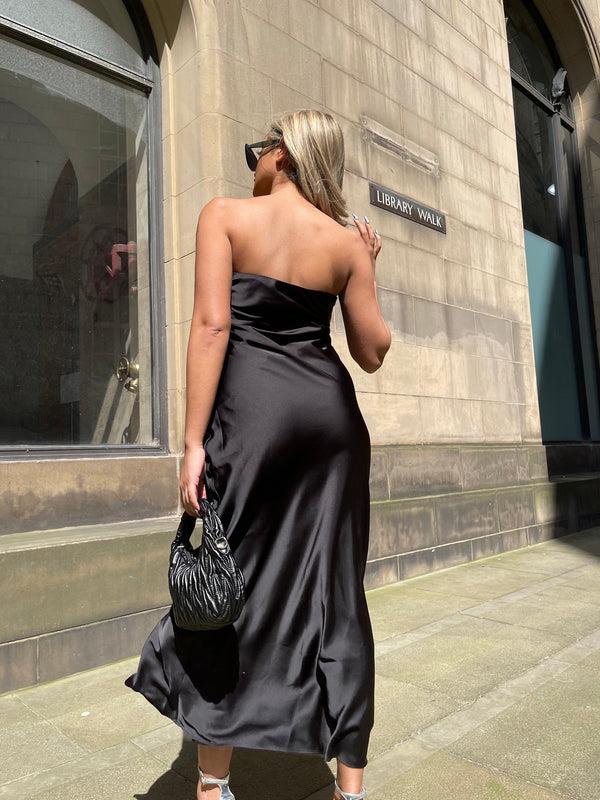 Glamorous Black-Satin Bias-Cut Strapless Midaxi-Dress