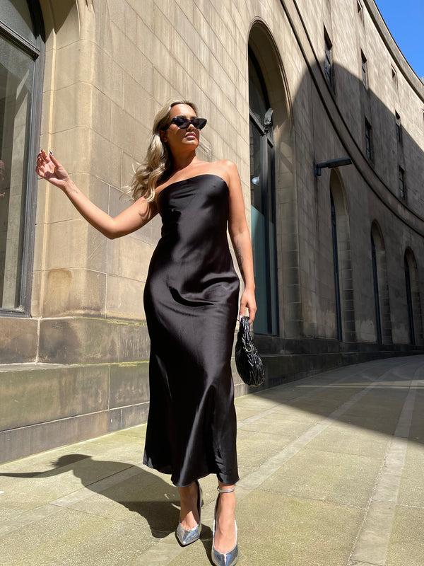 Glamorous Black-Satin Bias-Cut Strapless Midaxi-Dress