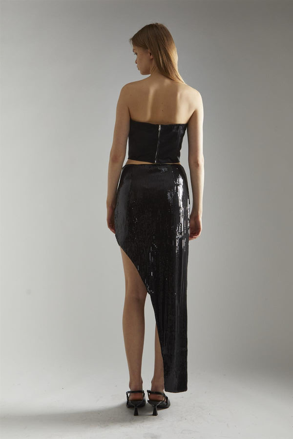 Glamorous Black-Satin Rhinestone-Flower Strapless Top