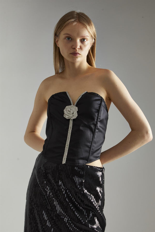 Glamorous Black-Satin Rhinestone-Flower Strapless Top