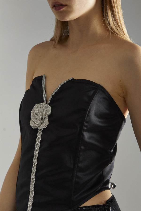 Glamorous Black-Satin Rhinestone-Flower Strapless Top