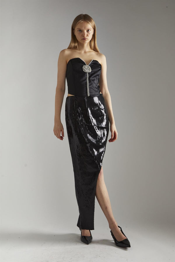 glamorous Black-Satin Rhinestone-Flower Strapless Top