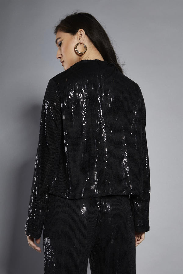 Glamorous Black Sequin High-Neck Long Sleeve Blouse