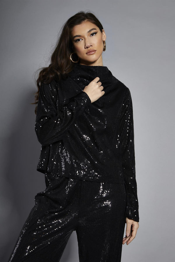 Glamorous Black Sequin High-Neck Long Sleeve Blouse