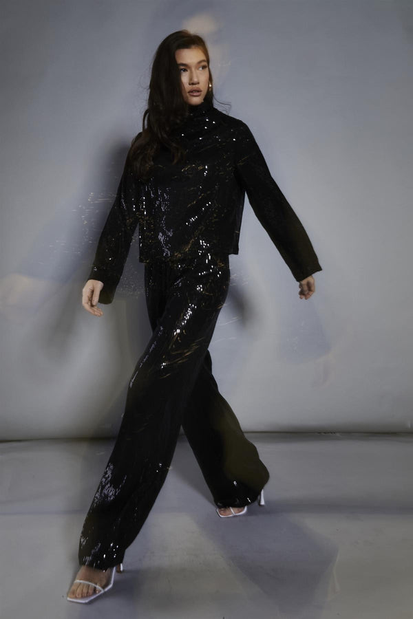 Glamorous Black Sequin High-Neck Long Sleeve Blouse