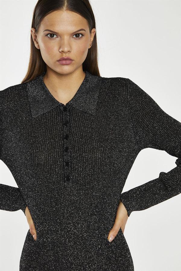 Glamorous Black-Silver Rib Button-Up Collar Mini-Dress