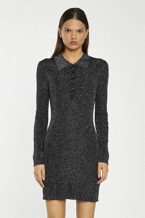 glamorous Black-Silver Rib Button-Up Collar Mini-Dress