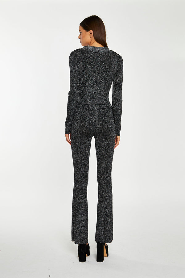 Glamorous Black-Silver Rib Collared V-Neck -Bodysuit