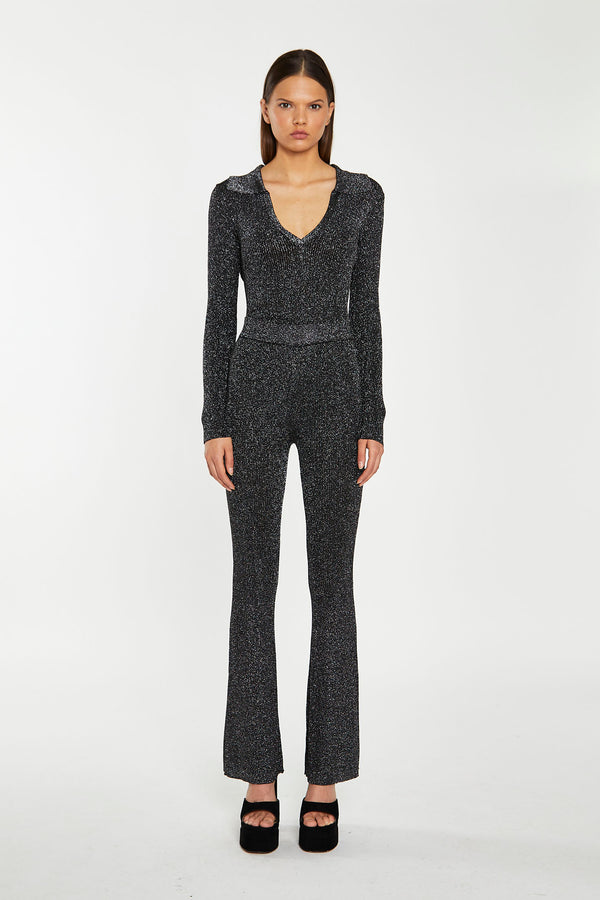 Glamorous Black-Silver Rib Collared V-Neck -Bodysuit