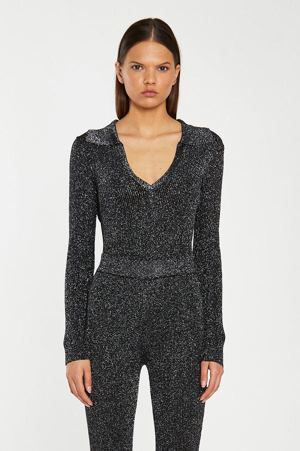 glamorous Black-Silver Rib Collared V-Neck -Bodysuit