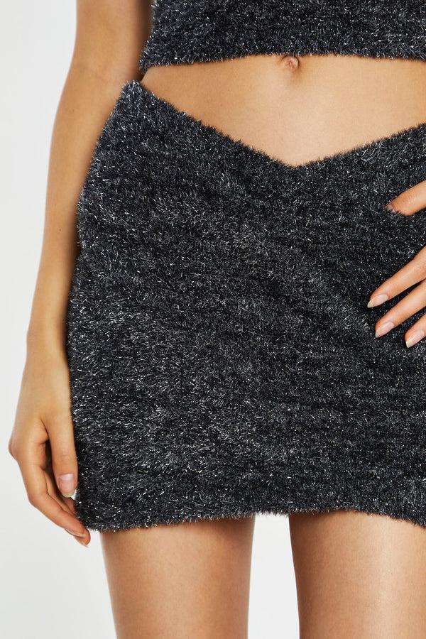 Glamorous Black-Silver Tinsel Cross-Over Front Mini-Skirt