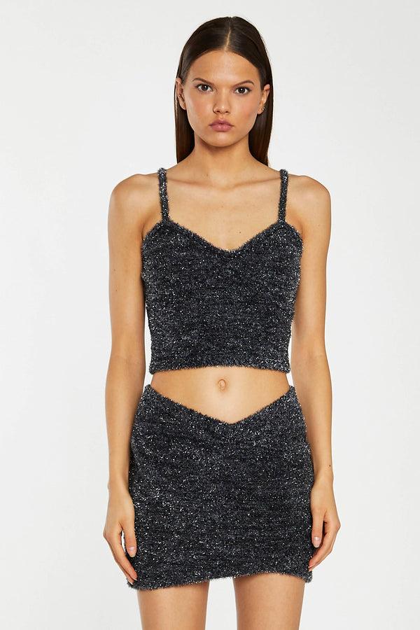 glamorous Black-Silver Tinsel Cross-Over Front Mini-Skirt