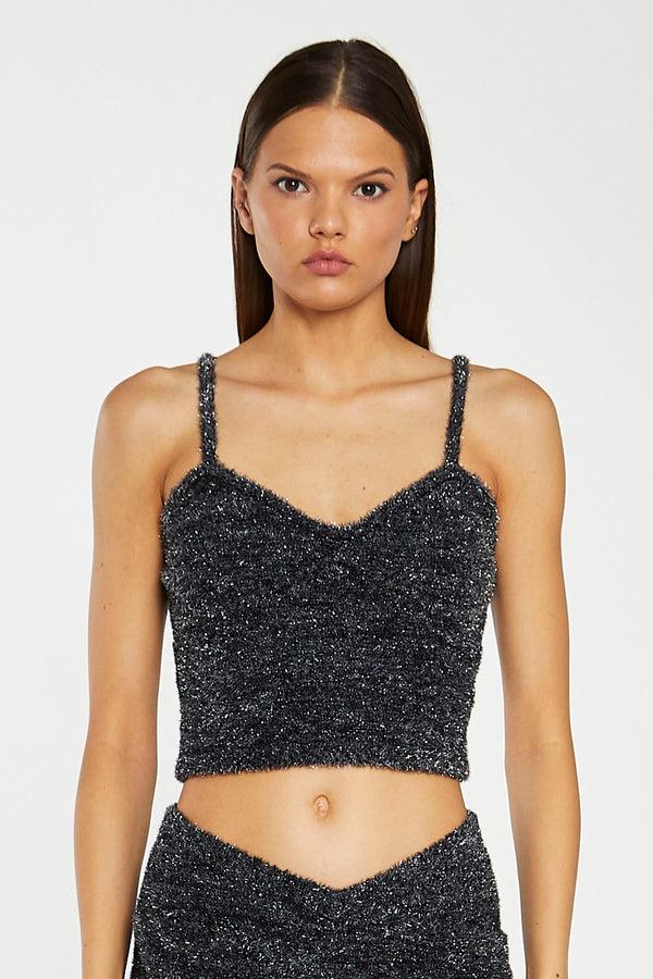 Glamorous Black-Silver Tinsel Knitted Cami Crop-Top