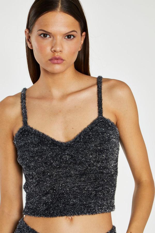 glamorous Black-Silver Tinsel Knitted Cami Crop-Top