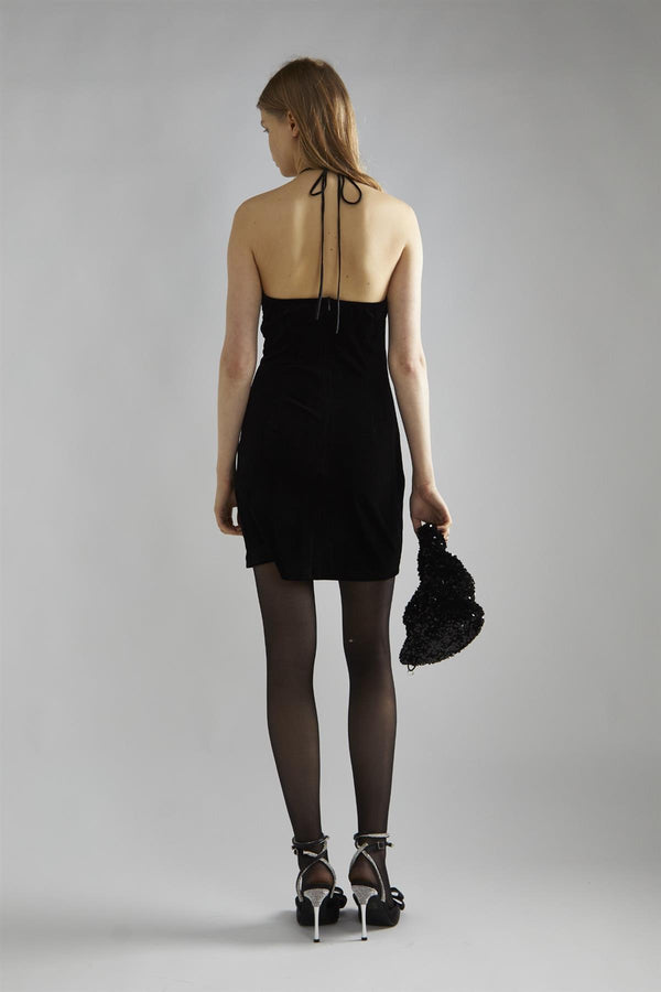 Glamorous Black-Velvet Halter-Neck Rhinestone-Corsage Mini-Dress