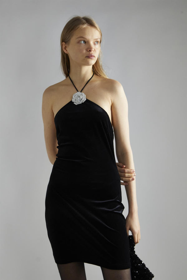 Glamorous Black-Velvet Halter-Neck Rhinestone-Corsage Mini-Dress