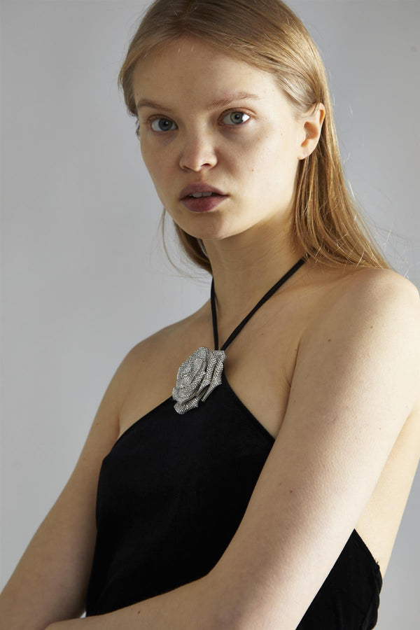 Glamorous Black-Velvet Halter-Neck Rhinestone-Corsage Mini-Dress